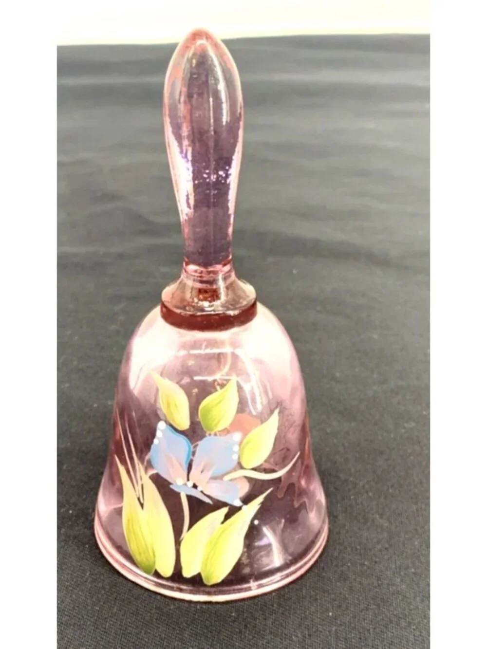 Fenton Iridescent Pink Hand Painted Butterfly Floral Glass Bell Signed 4.5
